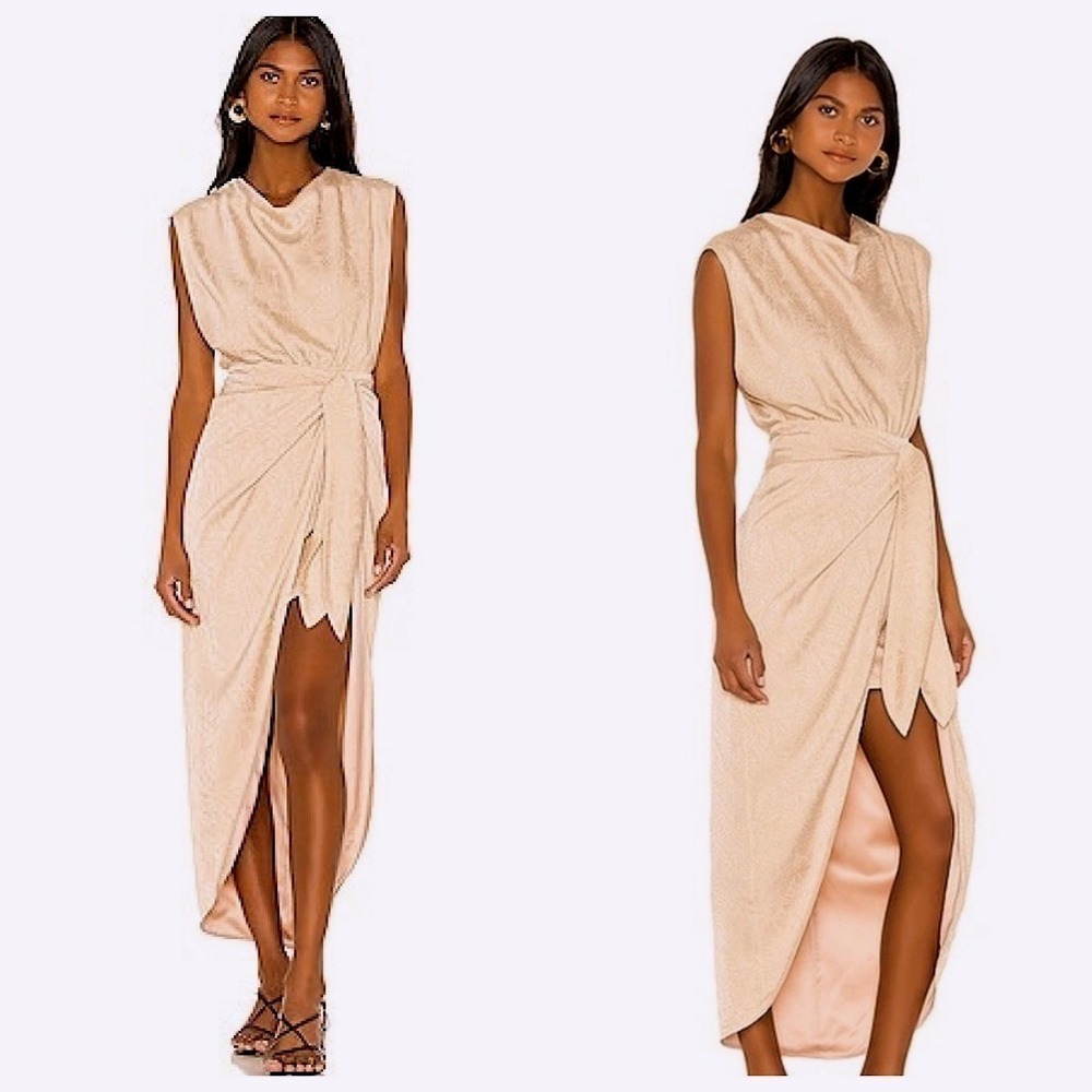 House of Harlow 1960 Revolve Formal Wrap Dress Sz L Champagne Jacquard Cowl Neck